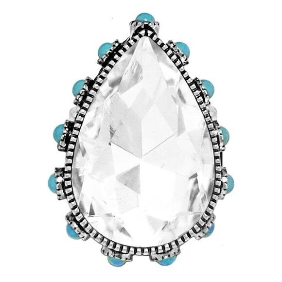 Teardrop Crystal Statement Ring with Turquoise Bead Accents - Picture 2 of 4